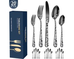 20-delig roestvrijstalen bestek - serviesset - serviesset 4 persoons - bestekset - bestekset zwart - RVS - Zwart