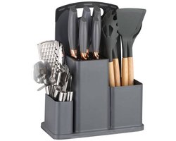20-delige Keukenset met Messenblok en Snijplank – 5 Keukenmessen & 13-delig Keukengerei – RVS 420, Siliconen Handvatten – Metallic Grijs