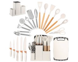 20-delige Keukenset met Messenblok en Snijplank – 5 Keukenmessen & 13-delig Keukengerei – RVS 420, Siliconen Handvatten – Wit