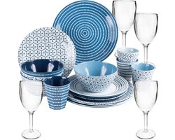 20-Delige Melamine Servies Set voor 4 Personen - Camping Servies Blauw Wit