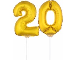 20 jaar leeftijd feestartikelen - versiering cijfers - ballonnen op stokje - van 41 cm - Combi van cijfer 20 - in het goud