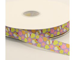 20 Meter DELUXE Themalint PASEN, Breedte 20MM, Kleur LILA/GEEL/ROZE, met Eitjes, Kuikentjes enz, Edeaal voor Pasen, Lente enz
