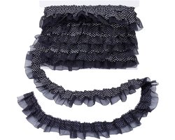 20 meter zwarte retro polka dot ruche trim, 1,6 inch 2 laags satijnen organza lint stippen kant geplooide trims, verzamelde rand trim voor kostuum woondecoratie