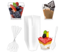 20 Plastic Dessertbekers met Lepels - Dessertkomset - Vierkante Dessertbekers - Dessertkommen - Transparant en Herbruikbaar - Perfect voor Pudding - Mousse - IJs - Verjaardagen - Bruiloften - Feesten - 60ml