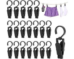 20 stuks - Draagbare draaibare haken van kunststof - 360° draaibaar - Reishaken voor thuis - Wasclips - Gordijnclips - Voor het drogen van kleding, hoeden, handdoeken, sokken en handschoenen (zwart)