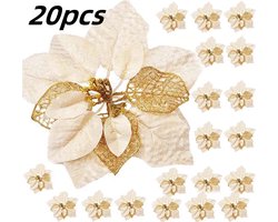 20 stuks kerst kunstmatige glitter poinsettia bloemen, kerstbloemen, bruiloft, kerstboom nieuwjaar ornamenten (goud)
