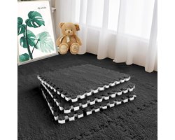 20 stuks pluche EVA-schuimvloermatten, zachte, pluizige babyspeelmatten, vierkante in elkaar grijpende tapijttegels, vloerkleden voor kinderkamers, speelkamers, slaapkamers en klaslokalen, 30x30 cm, Zwart