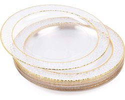 20 transparante plastic borden met gouden rand voor bruiloften, doopfeesten, verjaardagen, Kerstmis en feesten, 26 cm, herbruikbaar en stabiel
