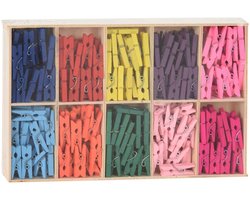 200 Houten Mini Wasknijpers 10 kleuren in houten kistje - Mini Knijpers - Knijpertjes Mini - Houten Knijpers