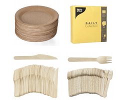 200 stuks x Houten wegwerp bestek set eco/milieubewust – 50 bruine kartonnen borden 23cm + 50 Vorken 16cm + 50 messen 16cm+ 50 servetten geel 32x32cm Feest/verjaardag/BBQ picknick