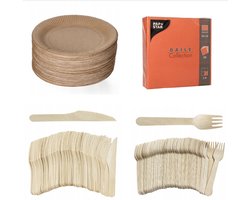 200 stuks x Houten wegwerp bestek set eco/milieubewust – 50 bruine kartonnen borden 23cm + 50 Vorken 16cm + 50 messen 16cm+ 50 servetten oranje 32x32cm Feest/verjaardag/BBQ picknick