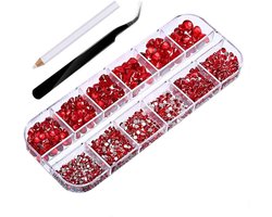 2000 stuks strass steentjes voor nagels - kristallen edelstenen voor nagels platte achterkant in 6 maten 15-6 mm opgeslagen door doos met 12 compartimenten - rood.