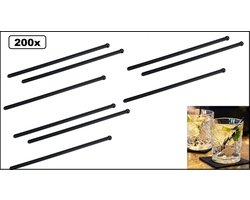 200x Cocktail stirrer roerstaafjes herbruikbaar zwart 165mm - Vaatwasser veilig - Cocktail festival thema feest verjaardag drankje mix
