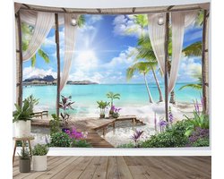200x150cm Turquoise Oceaan Wandtapijt Strand Wandkleed Wandkleed Tropisch Eiland Landschap van Balkon Wandtapijten Wanddecoratie voor Thuis Woonkamer Slaapkamer Slaapzaal