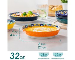 21 cm ROND 4,4 cm Diep Handgeschilderd Boheemse Stijl Diep Diner Borden Set van 6 Stuks -Aardewerk Servies Keramisch -Dessert-Salade-Fruit-Cake Plate - Oven & Magnetron Vaatwasmachinebestendig-Steengoed Gedurfd, Helder, Levendig, Mooi en Verfrissend