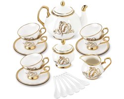 21-delig Brits porseleinen theeservies, gouden tulp theeset voor middagthee, 6 theekopjes en schoteltjes voor koffie thuis, bruiloft, verjaardag