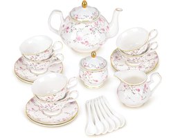 21-Delige Porseleinen Theeservies Set voor 6 Personen met Roze Bloemen en Gouden Rand | Vintage Afternoon Tea Servies