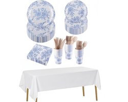 212-delige Blauwe Bloemen Feestset - Papieren Servies voor 30 Gasten met Borden, Bekers, Servetten, Bestek en Tafelkleed voor Elegante Thee, Bruiloft en Verjaardag