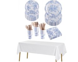 212-delige Blauwe Bloemen Feestset voor 30 Gasten - Papieren Servies, Borden, Bekers, Servetten, Bestek en Tafelkleed voor Elegante Thee, Bruiloft en Verjaardag
