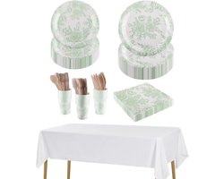212-delige Sage Green Bloemen Feestset voor 30 Gasten - Papieren Servies, Borden, Bekers, Servetten, Bestek en Tafelkleden voor Elegante Thee, Bruiloft en Verjaardag