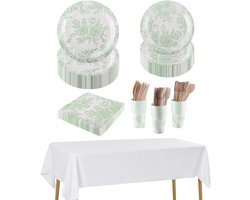 212-delige Sage Green Bloemen Feestset voor 30 Gasten - Papieren Servies, Borden, Bekers, Servetten, Bestek en Tafelkleden voor Elegante Thee, Bruiloft en Verjaardag