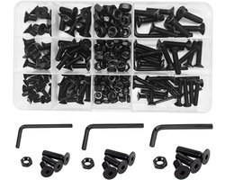 219 stuks M4 M5 M6 platte kop schroeven gelegeerd staal zeskantdopbouten en moeren, zeshoek verzonken machine schroefbevestigingsmiddelen assortimentset set set met 3 inbussleutels (zwart)