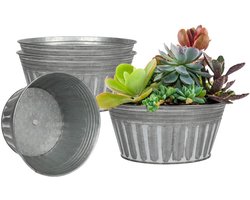 22.5 cm Metalen Rustieke Plantenpotten - Set van 4 Ondiepe Gegalvaniseerde Bloempotten met Afvoergat en Rubberen Stop - Roestvrij Metalen Emmer Plantenbakken in Vintage Boerderijstijl