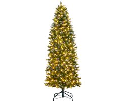 228cm Slanke kunstkerstboom met sneeuweffect en 250/700 warmwitte LED's – ruimtebesparend, inclusief dennenappels en inklapbare standaard, voor binnen- en buitengebruik