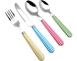 24-Delig Bestekset Roestvrij Staal met Geruite Handvatten - 6 Vorken, 6 Diner Messen, 6 Tafellepels, 6 Theelepels (Gemengde Kleur x 24 Stuks)