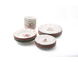 24-delig Kerstservies – Porselein – 6 Personen – 3 Kleuren – Dinerborden, Ontbijtborden, Diepe Borden & Kommen – Kerst Thema