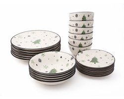 24-delig Kerstservies voor 6 Personen – Porselein – Dinerborden, Ontbijtborden, Diepe Borden & Kommen – Kerstboom Design