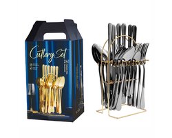 24-delige bestekset - bestekset - Bestek van roestvrij staal - Met standaard - Spiegelgepolijst bestek - serviesset 6 persoons - Vaatwasserbestendig - Zwart