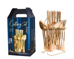 24-delige bestekset - bestekset - Bestek van roestvrij staal - Met standaard - Spiegelgepolijst bestek - serviesset 6 persoons - Vaatwasserbestendig - Roségoud