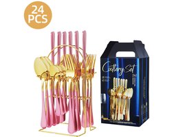 24-delige bestekset - bestekset - Bestek van roestvrij staal - Met standaard - Spiegelgepolijst bestek - serviesset 6 persoons - Vaatwasserbestendig - Roze Goud