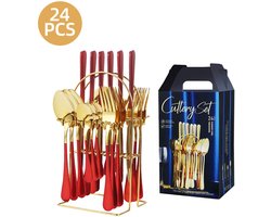 24-delige bestekset - bestekset - Bestek van roestvrij staal - Met standaard - Spiegelgepolijst bestek - serviesset 6 persoons - Vaatwasserbestendig - Rood/Goud