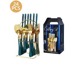 24-delige bestekset - bestekset - Bestek van roestvrij staal - Met standaard - Spiegelgepolijst bestek - serviesset 6 persoons - Vaatwasserbestendig - Groen/Goud