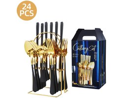 24-delige bestekset - bestekset - Bestek van roestvrij staal - Met standaard - Spiegelgepolijst bestek - serviesset 6 persoons - Zwart/Goud