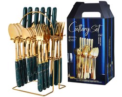 24-delige bestekset - Bestekset - Bestekset Essential - Roestvrijstalen bestekset - Mes, vork en lepelset - Vintage bestek voor dagelijks gebruik en feestjes - Donkergroen