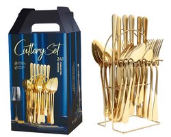 24-delige bestekset - bestekset - serviesset 6 persoons - Met standaard - Spiegelgepolijst bestek - RVS - Goud