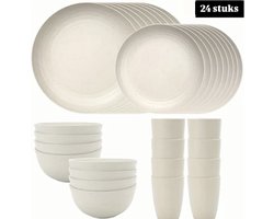 24-delige herbruikbare serviessets voor 6 personen (beige) - 100% BPA-vrij - onbreekbaar campingservies, magnetron/vaatwasmachinebestendig - lichtgewicht serviesset voor camping, feestjes, kamperen, picknick