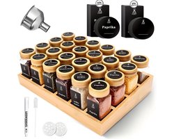 24-delige Kruidenpotjes Set – Vierkant met Bamboe Deksel & Bamboe Rek – Inclusief 180 Water- en Oliebestendige Labels