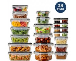 24-Delige Kunststof Vershoudbakjes Set – Luchtdichte 4-Zijdige Kliksluiting, Lekvrij – Transparant & BPA-Vrij – 36 ml tot 1 L – Rond, Rechthoekig & Vierkant – Koelkast, Vriezer & Magnetron Geschikt – Stapelbaar – Meal Prep, Restjes & Lunchbox