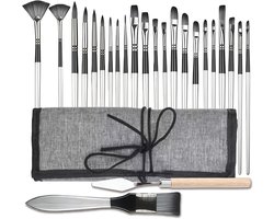 24-delige kwastenset – Professionele kunstenaarskwasten voor acrylverf, olieverf, aquarel en gouache, inclusief schildersspatel en oprolhoes – Kunstbenodigdheden voor kunstenaars en beginners