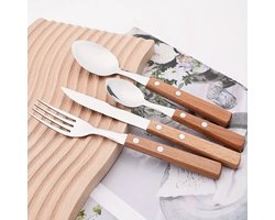 24-delige Roestvrijstalen Bestekset met Houten Handvat – Serviesset voor 6 Personen | Inclusief Steakmessen, Vorken & Lepels, Geschikt voor Feest & Dagelijks Gebruik