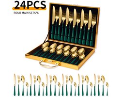 24-delige roestvrijstalen serviesset - Serviesset - Bestekset - serviesset 6 persoons - Met opbergdoos - Roestvrij staal - Groen/Goud