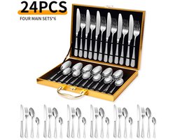 24-delige roestvrijstalen serviesset - Serviesset - Bestekset - serviesset 6 persoons - Met opbergdoos - Roestvrij staal - Zilver