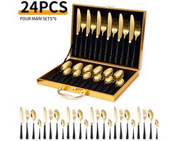 24-delige roestvrijstalen serviesset - Serviesset - Bestekset - serviesset 6 persoons - Met opbergdoos - Roestvrij staal - zwart/goud