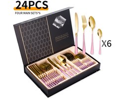 24-delige roestvrijstalen serviesset - Serviesset - Bestekset - serviesset 6 persoons - Roestvrij staal - Roze/Goud