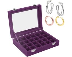 24 Grid Velvet Sieradendoos, Velvet Sieradendoos Organizer 24 Compartimenten met Transparante Deksel Oorbellen Ring Kettingen Armband Display Opbergtas voor Meisjes en Moeder (Paars)