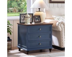 24 inch breed landhuisnachtkastje, grote bijzettafel met 3 laden en metalen handgreep, houten commode voor slaapkamer, blauwe nachtkast-ladecommode, nachtkastjes voor woonkamer - donkerblauw